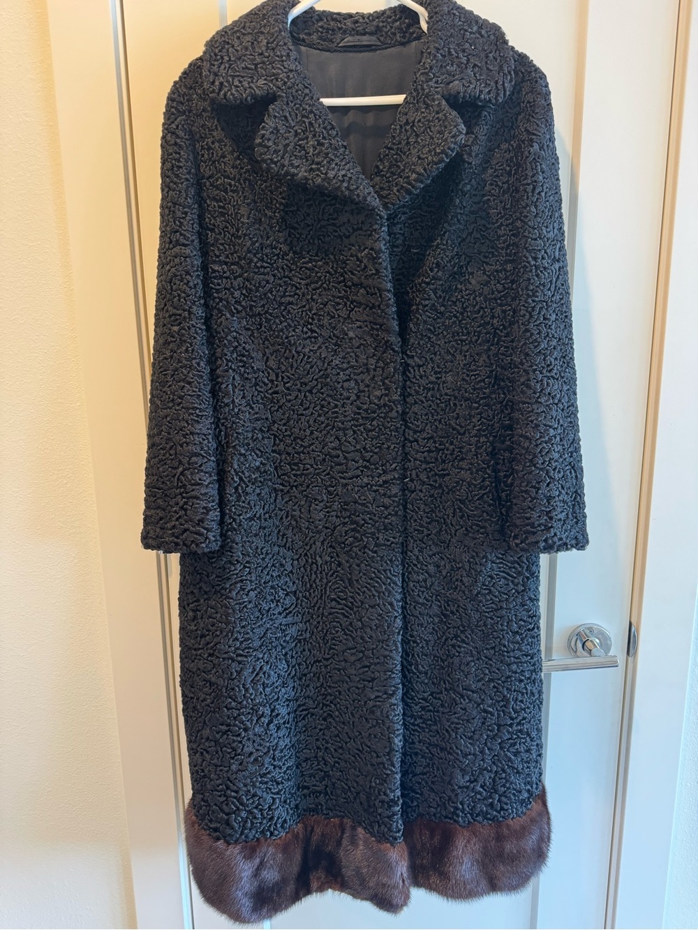 Black Faux Shearling Coat with Brown Fur Trim